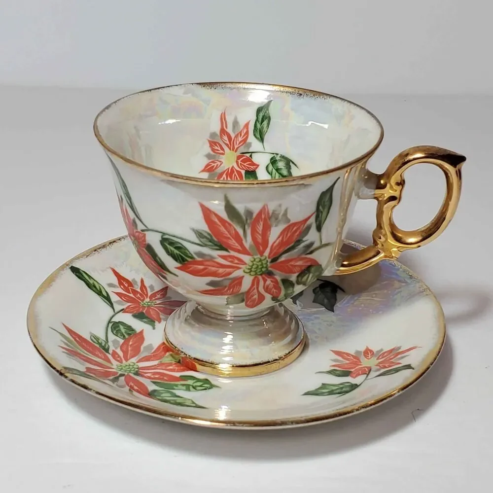 December Poinsettia Teacup and Saucer Christmas Holiday Vintage